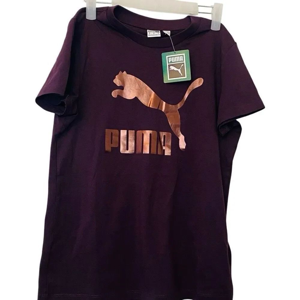 NWT Puma Classics Metallic Logo Short Sleeve Cotton Blend Tee Purple Small